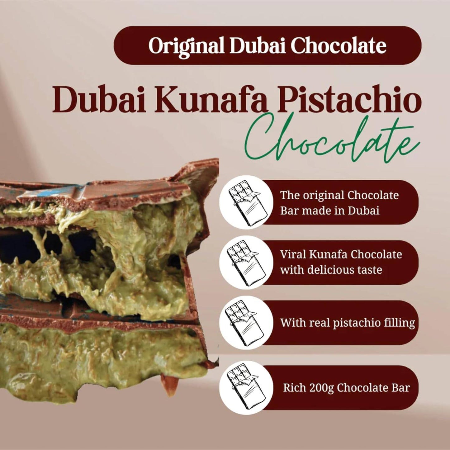 Luxurious Dubai Kunafa Milk Chocolate with Pistachio, 200g - YARA