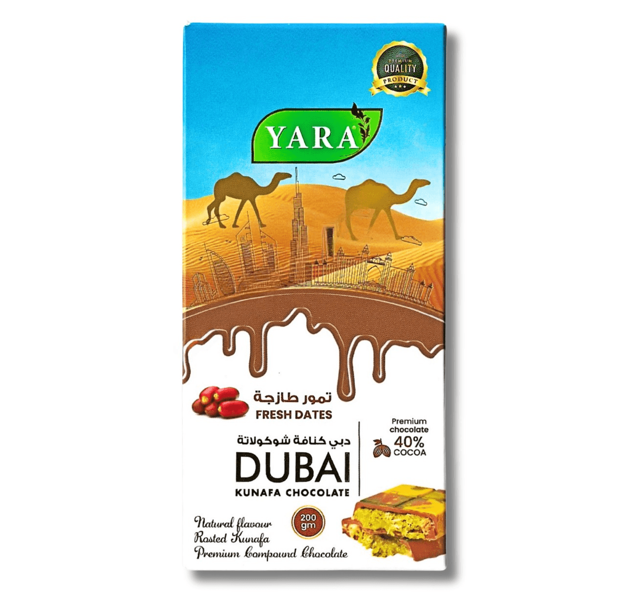 Luxurious Dubai Kunafa Milk Chocolate with Fresh Dates, 200g - YARA